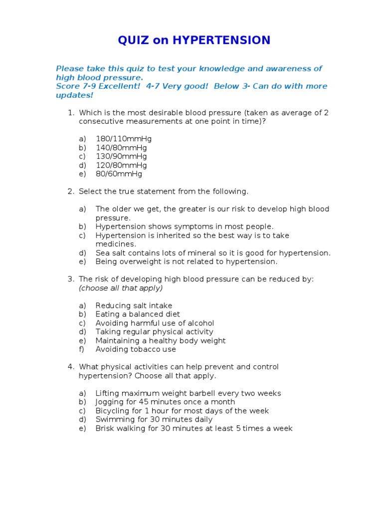 Quiz On Hypertension22March2013 Hypertension Cardiovascular Diseases