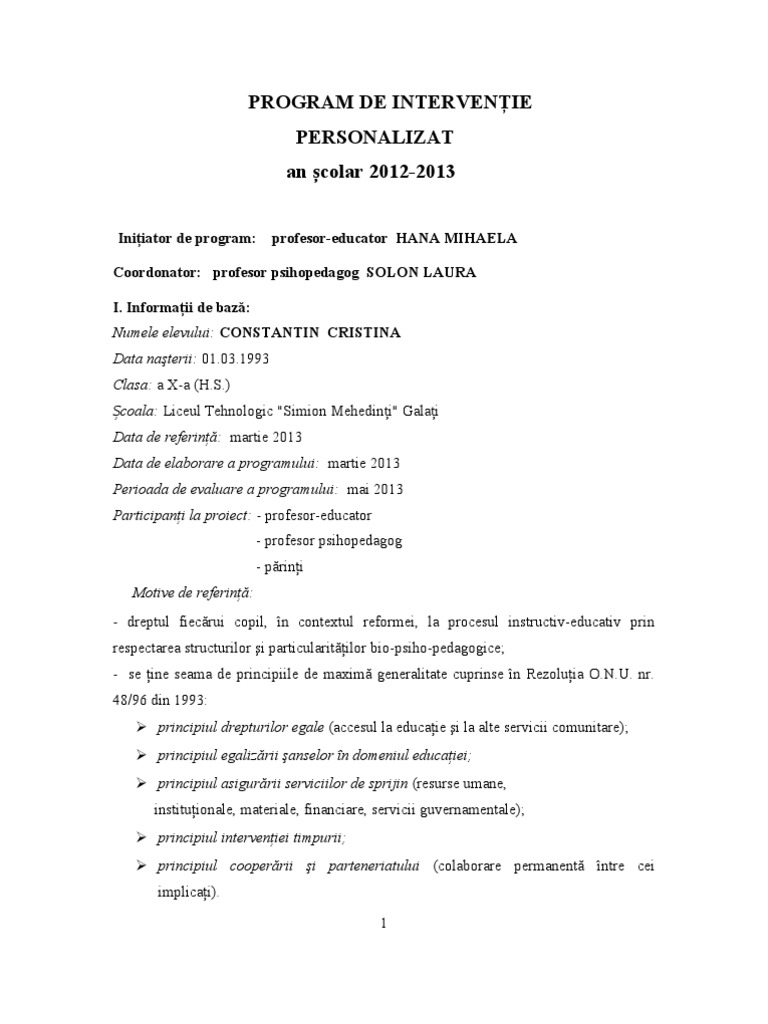 Plan De IntervenÈie Personalizat Contantin Cristina 2