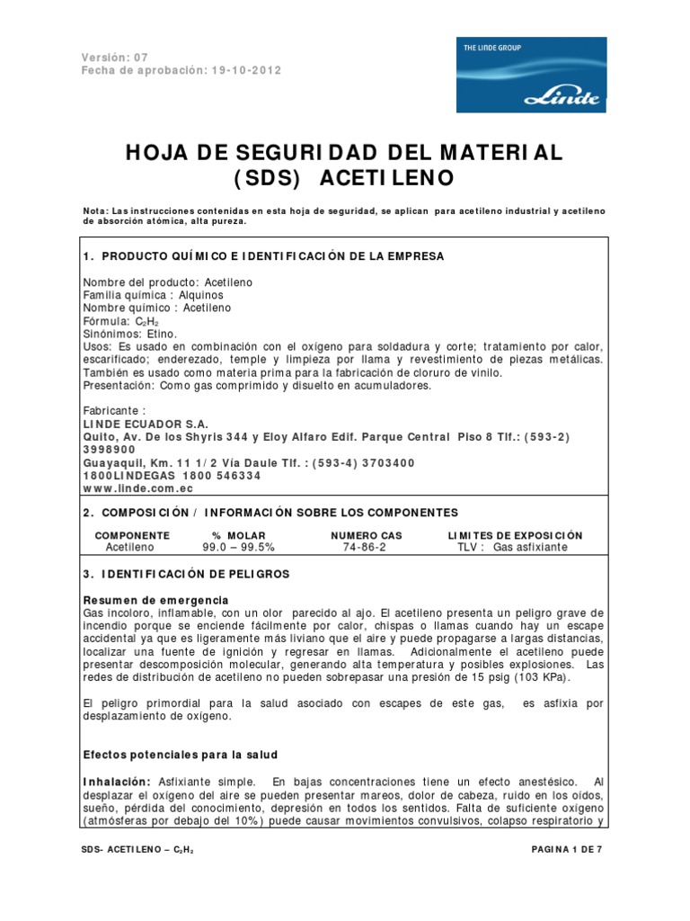 Hoja de Seguridad del Acetileno (C₂H₂) | PDF | Tecnología