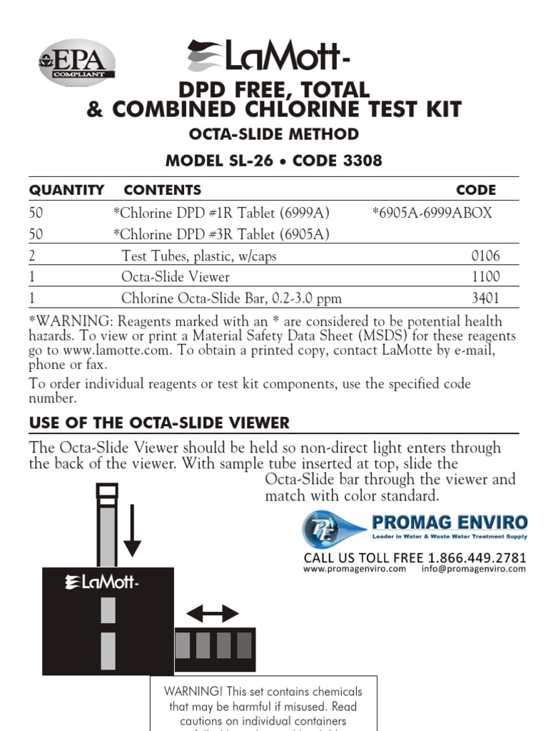 LaMotte 3308 Chlorine OCTASlide Kit Instructions PDF Chlorine Chemistry