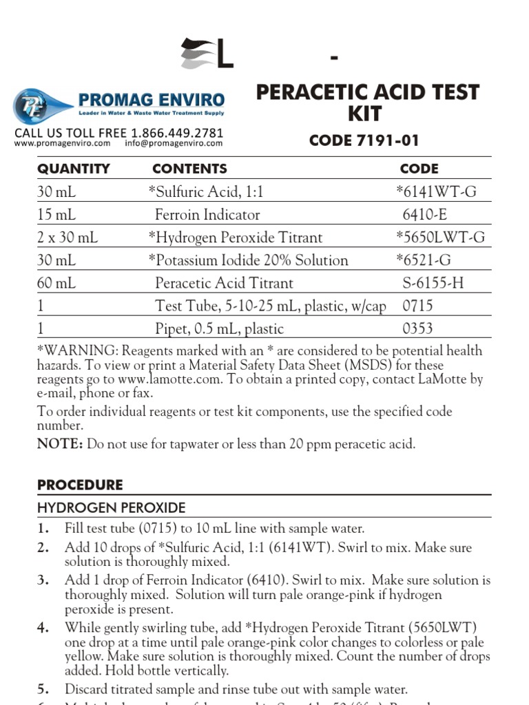 LaMotte 719101 Peracetic Acid Drop Count Titration Kit Instructions