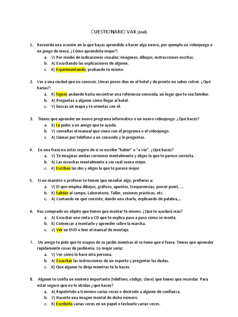 Cuestionario VAK | PDF | Videojuegos | Ocio