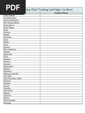 the lightning thief trading card sign-up sheet
