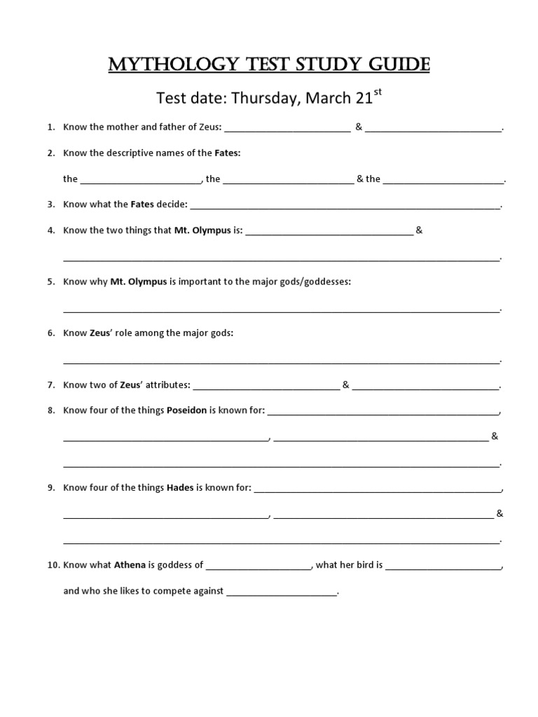 Mythology Test Study Guide | PDF