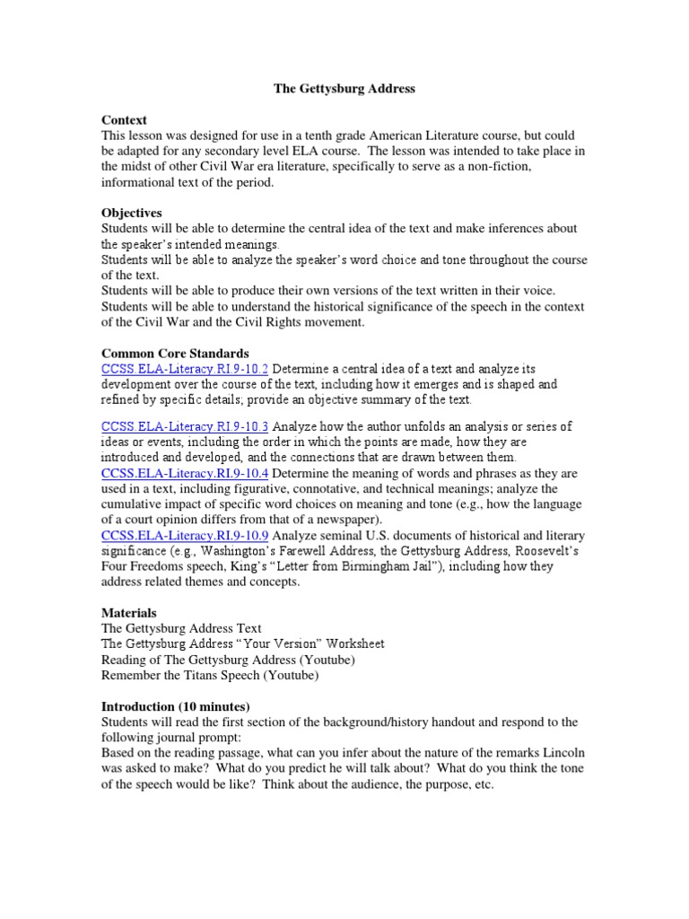 Metz Lesson Plan The Gettysburg Address Abraham Lincoln Communication