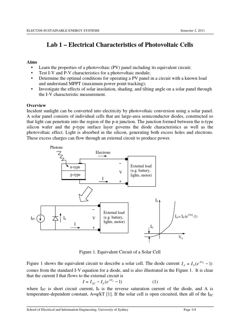 Lab 1 - Electrical Characteristics of Photovoltaic Cells | PDF ...