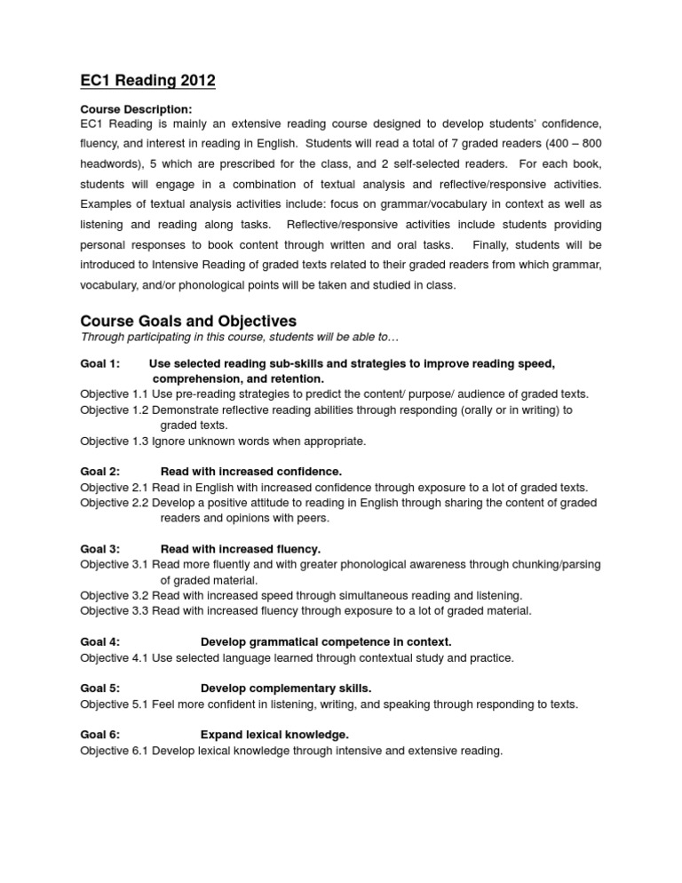 EC1 Reading Course Overview and Goals | PDF