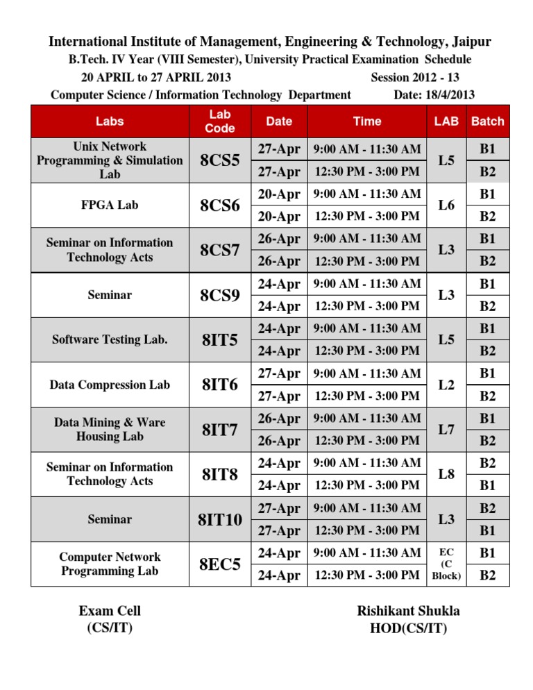B.Tech Practical Exam Schedule 2013 | PDF