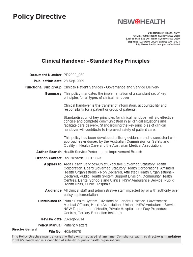 Standard Principles for Clinical Handover | PDF | Health Care | Health ...