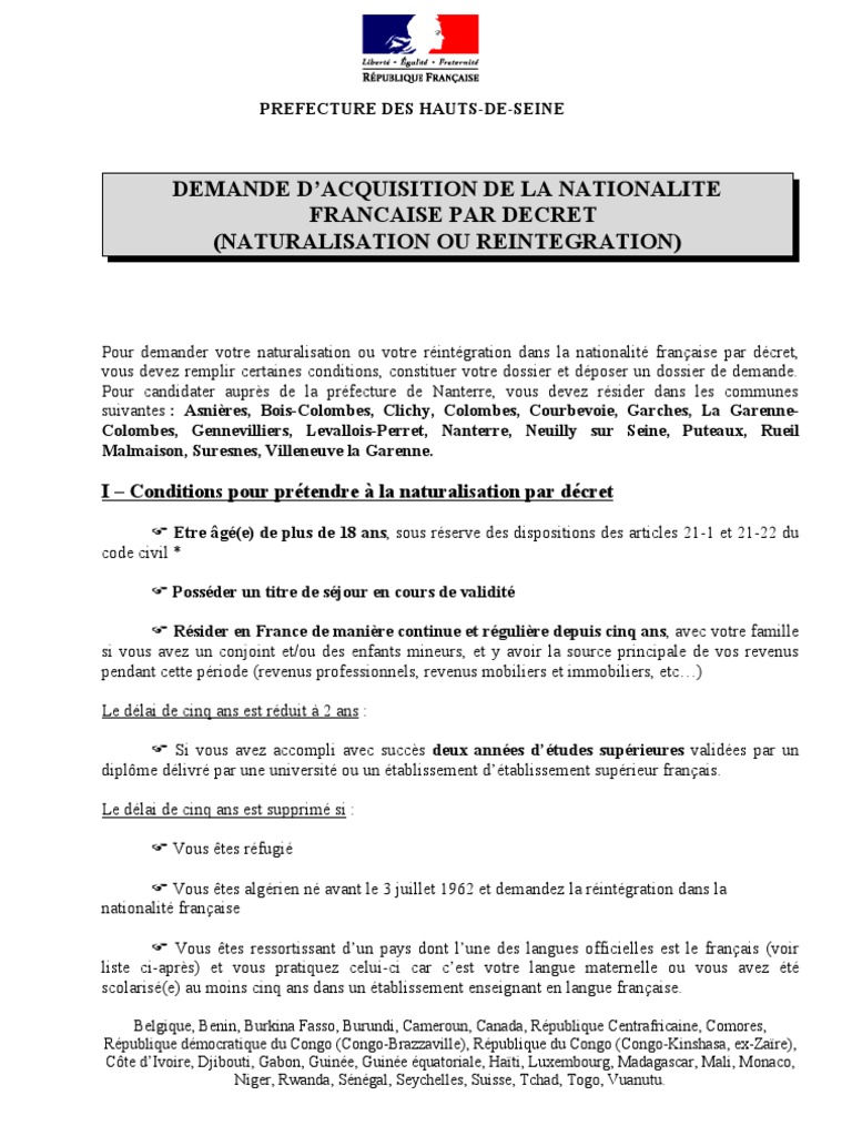Liste Des Pièces à Fournir Pour Une Demande De Naturalisation NANTERRE Naturalisation Par Decret Liste de Pieces Jan2012 | PDF |  Certificat de naissance | Divorce