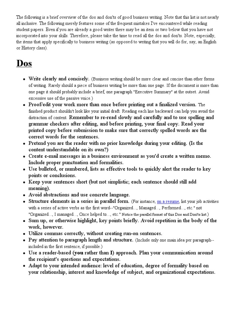Business Writing Dos and Don'ts Guide | PDF | Editing | Sentence ...