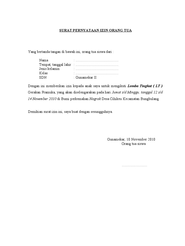 Contoh Surat Izin Orang Tua Untuk Lomba Kammi Web