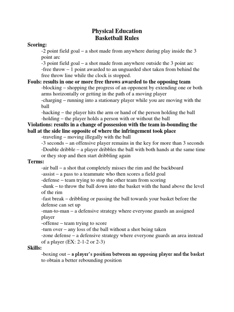 Physical Education Basketball Rules PDF