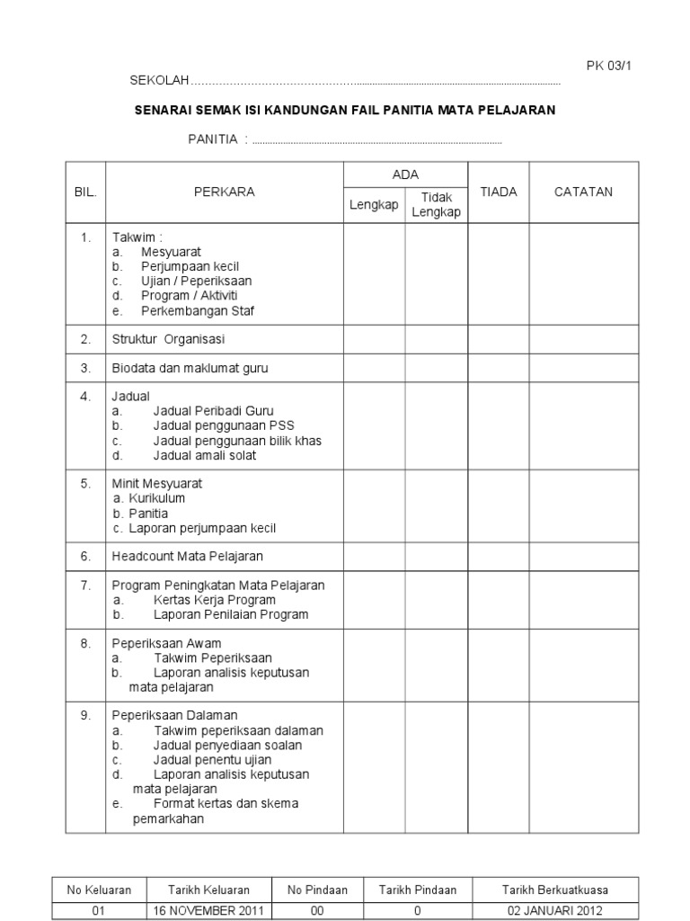 Senarai Semak Fail Kurikulum 2015 senarai semak fail pengurusan