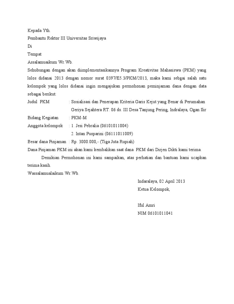 Format Surat Dana Talangan Pkm