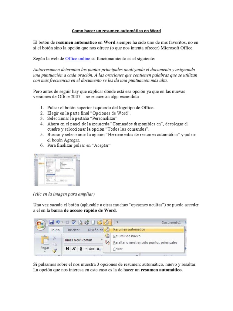 Opcion De Resumen En Word 2010