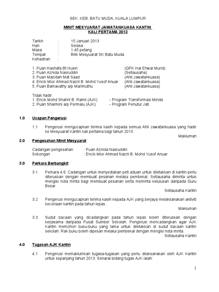 Minit Mesyuarat Kantin Kali Pertama 2012