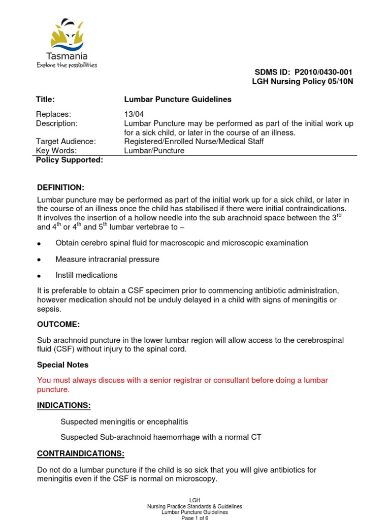 Lumbar Puncture Guidelines for Nurses | PDF | Meningitis ...