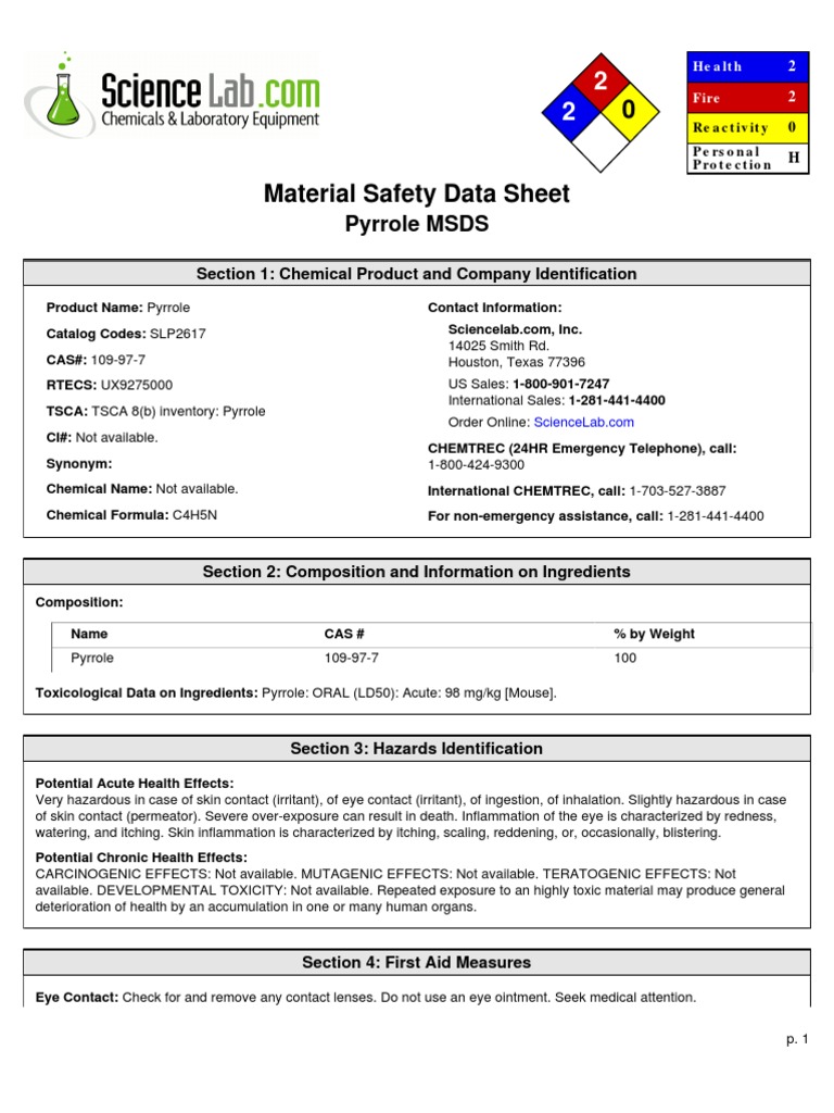 Pyrrole Material Safety Data Sheet Chemical and Toxicological