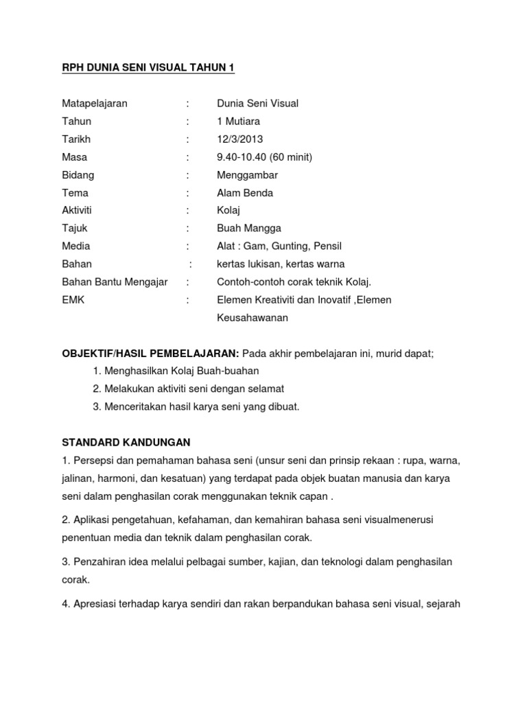 Rph Menggambar Kolaj Alam Benda Pdf