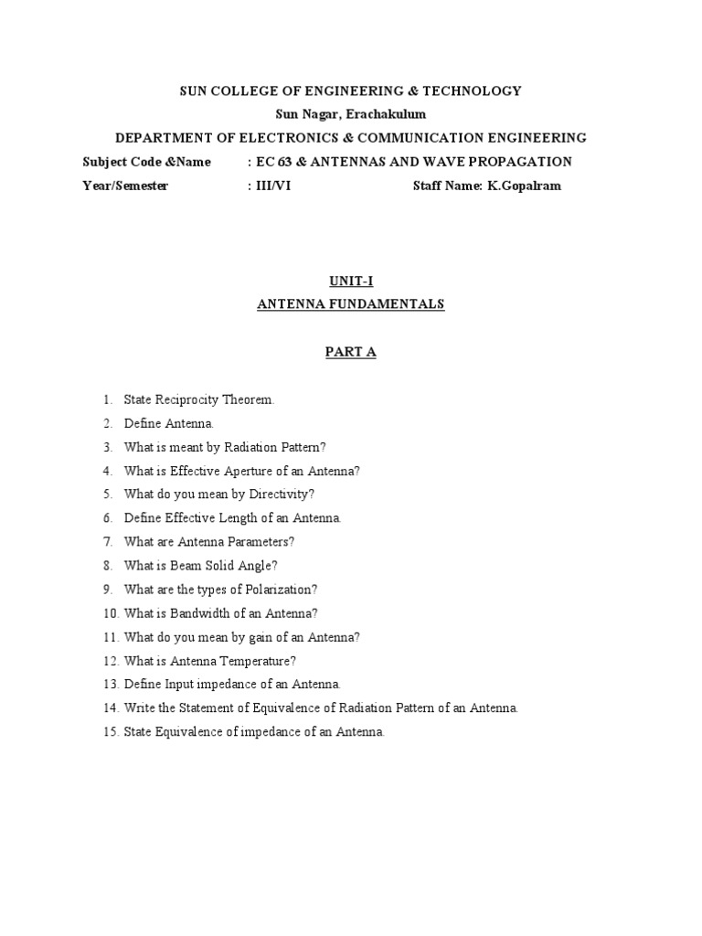 Ec 63 (Antennas and Wave Propagation) Question Bank PDF Antenna