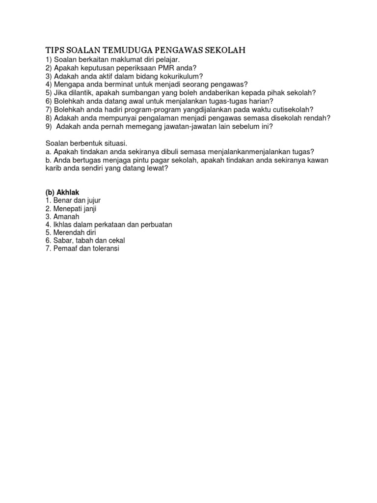 Tips Soalan Temuduga Pengawas Sekolah Pdf