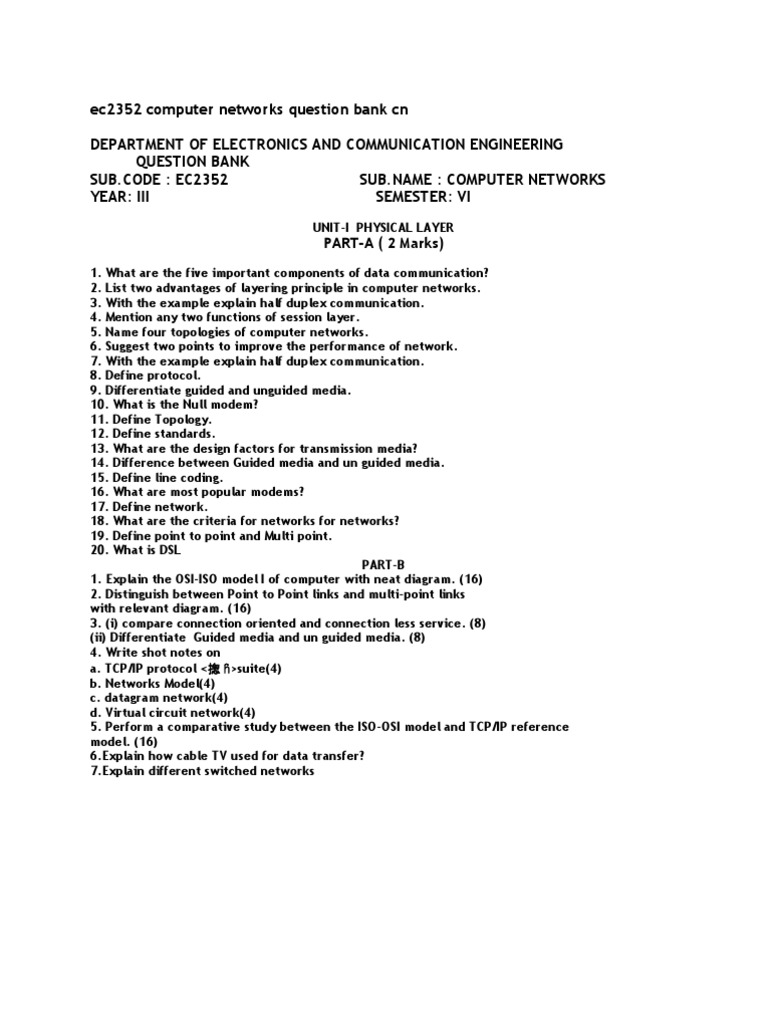 Computer Networks Question Bank EC2352 | PDF | Transmission Control ...