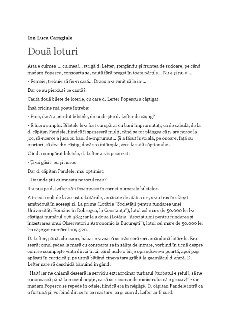 Rezumat Doua Loturi Ion Luca Caragiale Doua Loturi | PDF