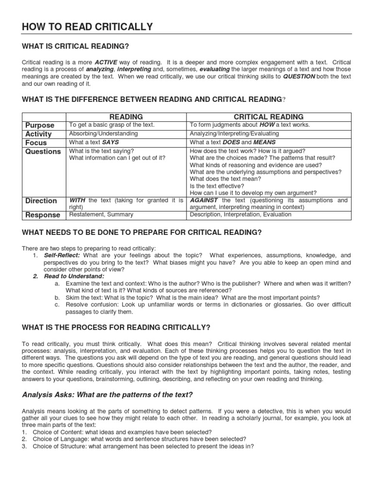 Critical Reading Template | Critical reading strategies – NXULY