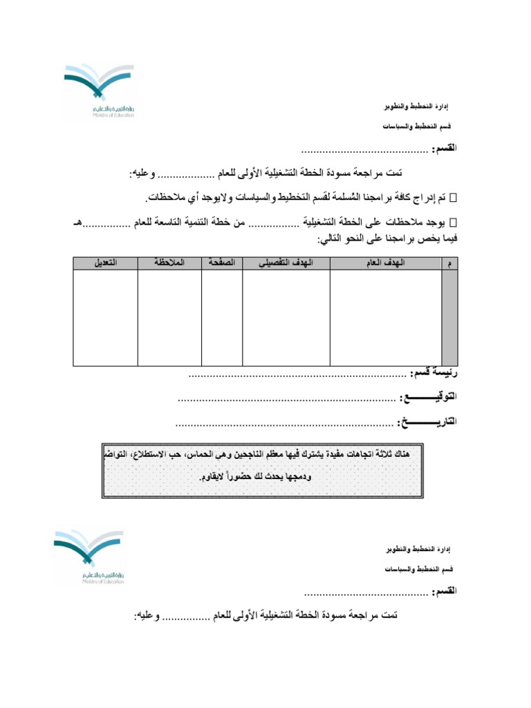 استمارة مراجعة مسودة الخطة التشغيلية Pdf
