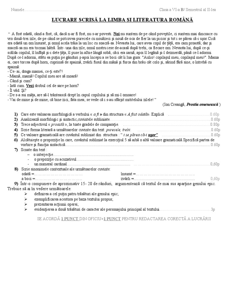 Teza la Limba român? - clasa a6a sem.II