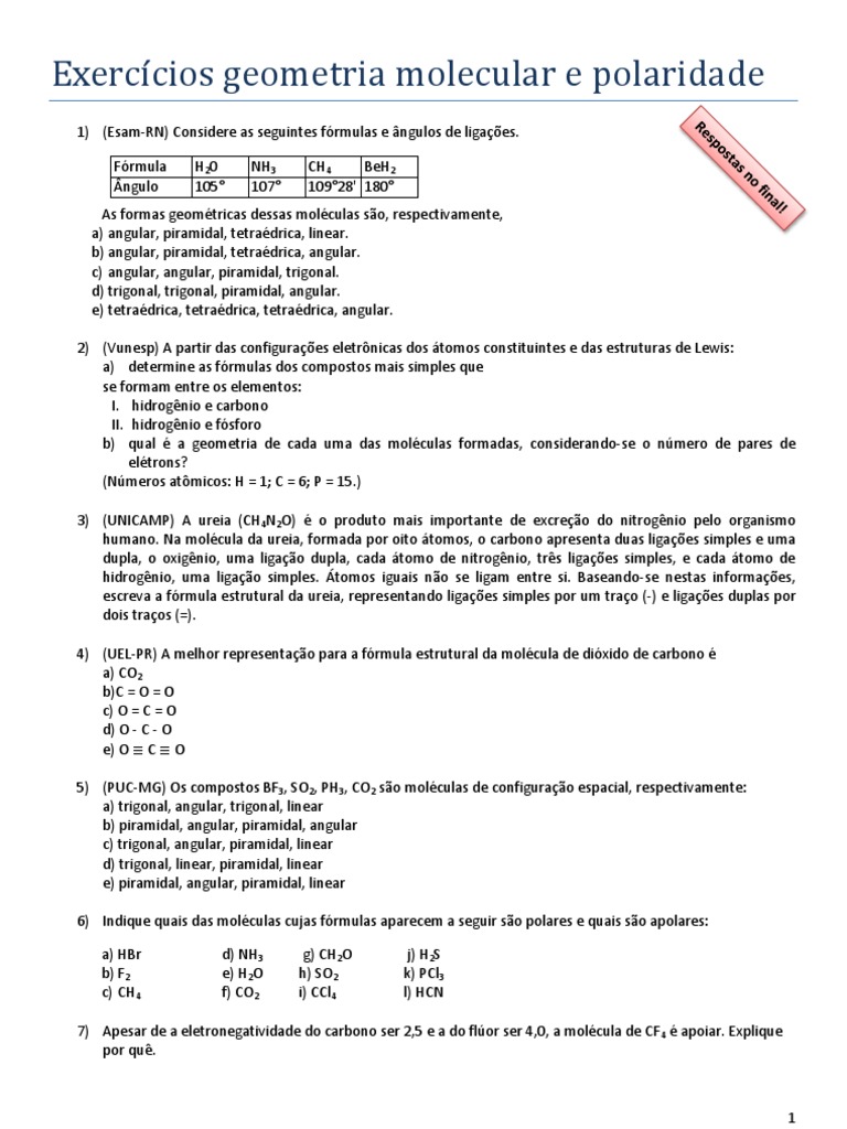 Exercicios Geometria Molecular e Polaridade | PDF | Polaridade química ...