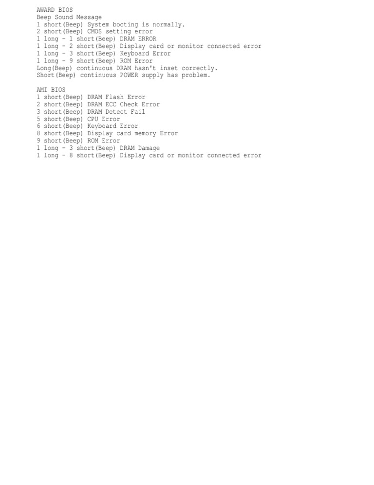 BIOS Beep Codes and Error Messages | PDF | Bios | Video Game Platforms