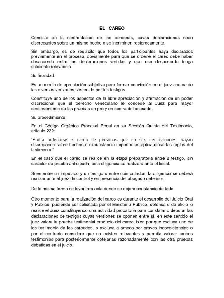 Definición y Proceso del Careo Judicial | PDF | Evidencia (ley ...