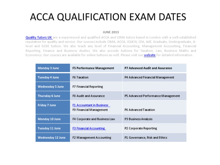 Acca Qualification Exam Dates PDF
