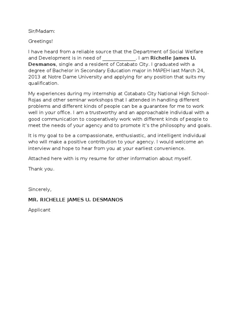 sample of application letter philippines