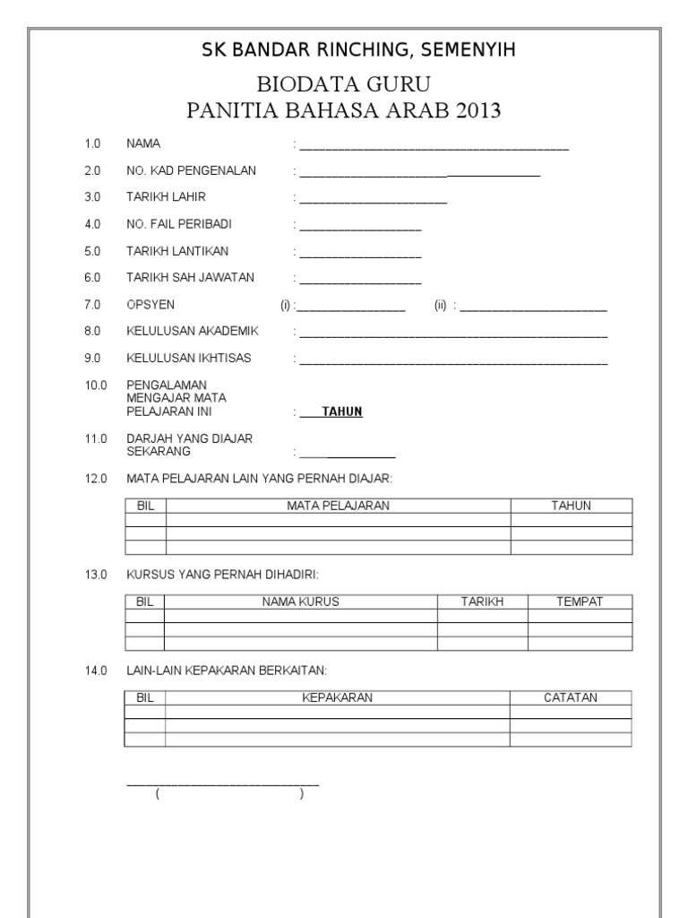 Borang Biodata Guru Untuk Fail Panitia  PDF