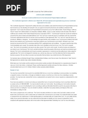 AchieveCard Prepaid MasterCard Cardholder Agreement