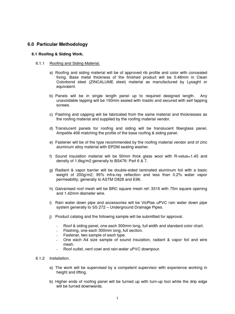 Method Statement for Roofing & Siding Roof Pipe (Fluid Conveyance)