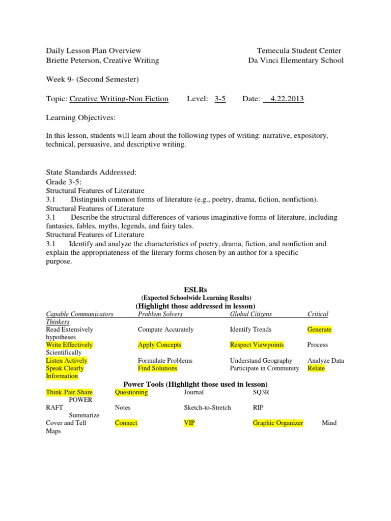 Creative Writing Lesson Plan 3-5 | PDF | Essays | Narrative