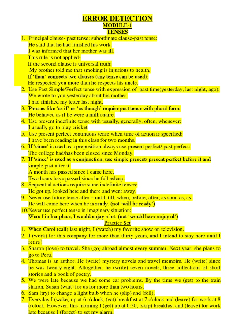 Error Detection PDF Adverb Grammatical Tense