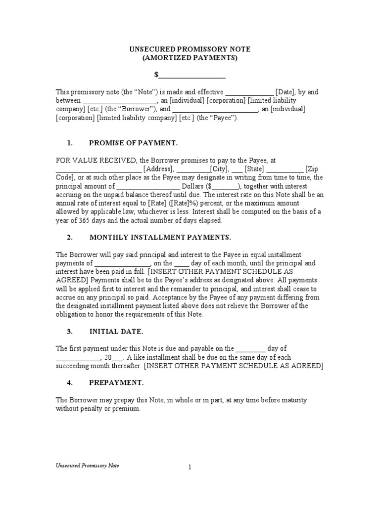 Unsecured Promissory Note Template | PDF | Promissory Note | Debtor