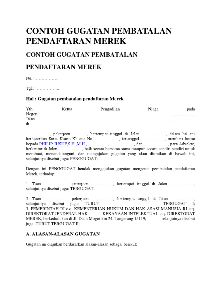 Contoh Gugatan Pembatalan Pendaftaran Merek