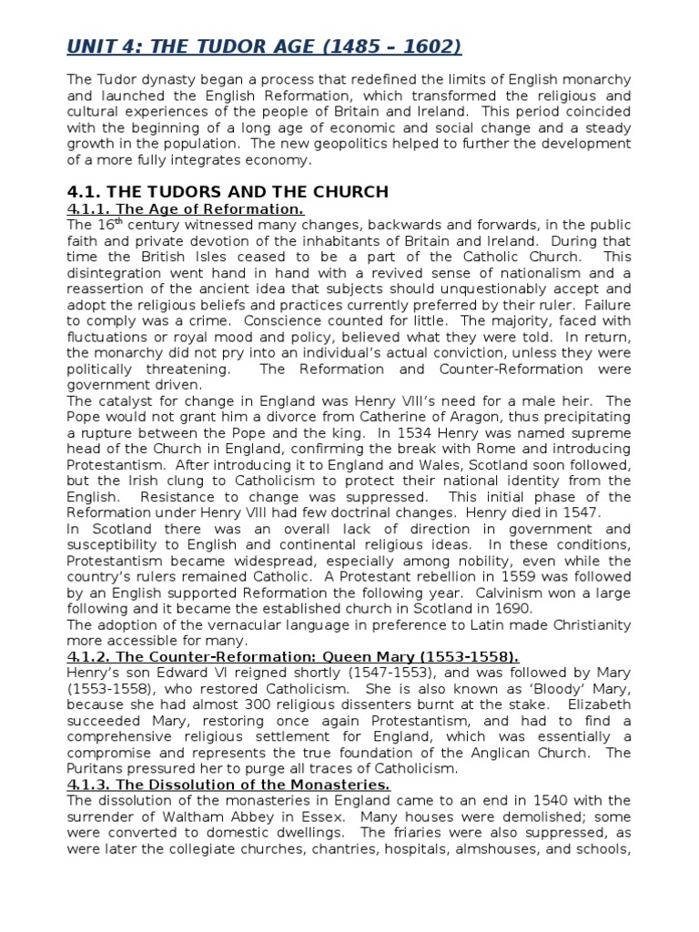 UNIT 4: THE TUDOR AGE (1485 - 1602) : 4.1. The Tudors and The Church