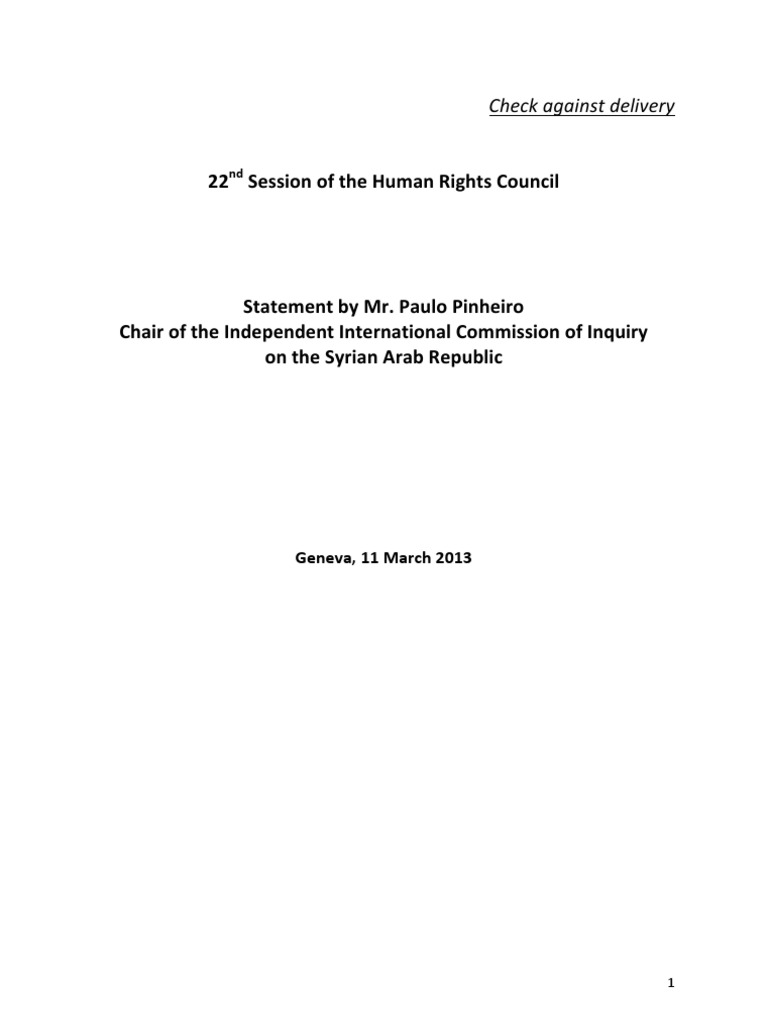 22 Session of The Human Rights Council: Check Against Delivery | PDF ...