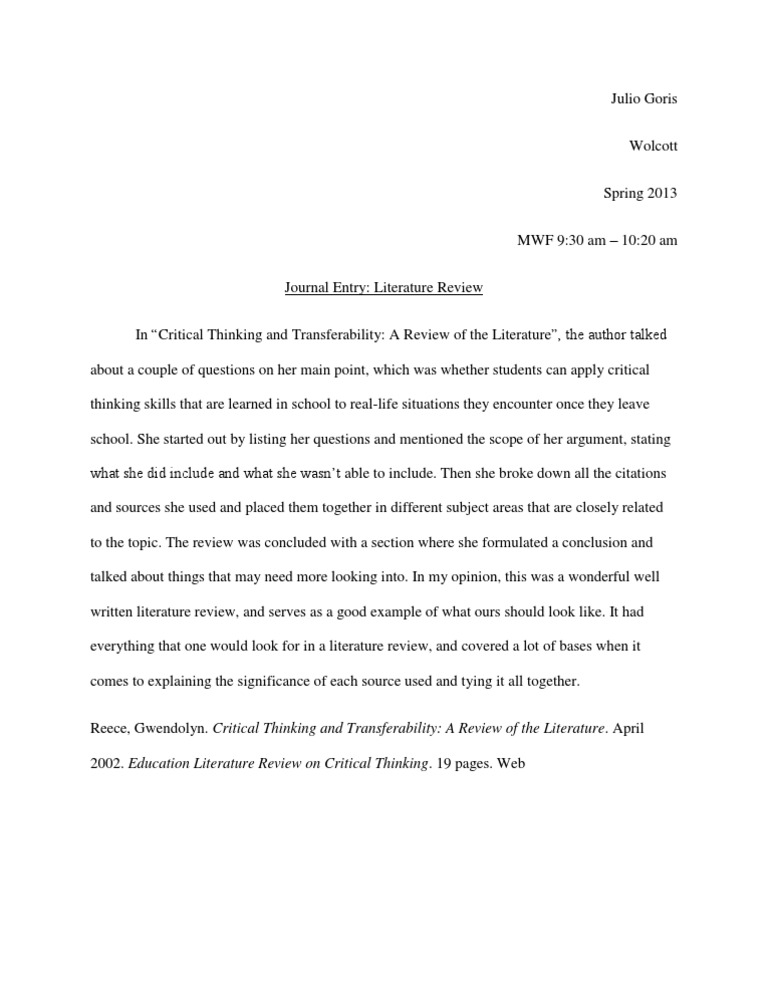 Literature Review Journal Entry | PDF