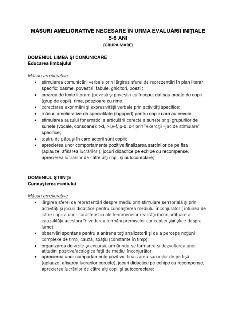 MÄƒsuri Ameliorative In Urma Evalurii IniÅ£iale 5 6 Ani