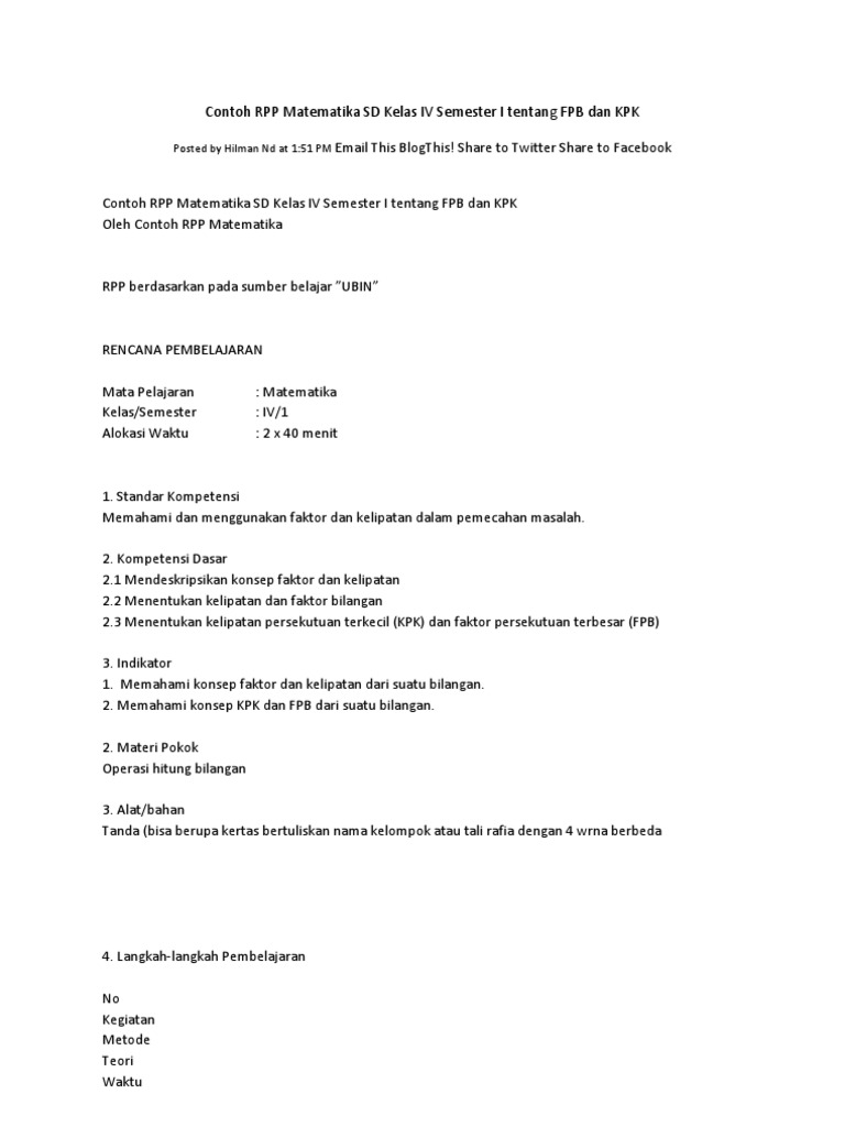Contoh RPP Matematika SD Kelas IV Semester I Tentang FPB