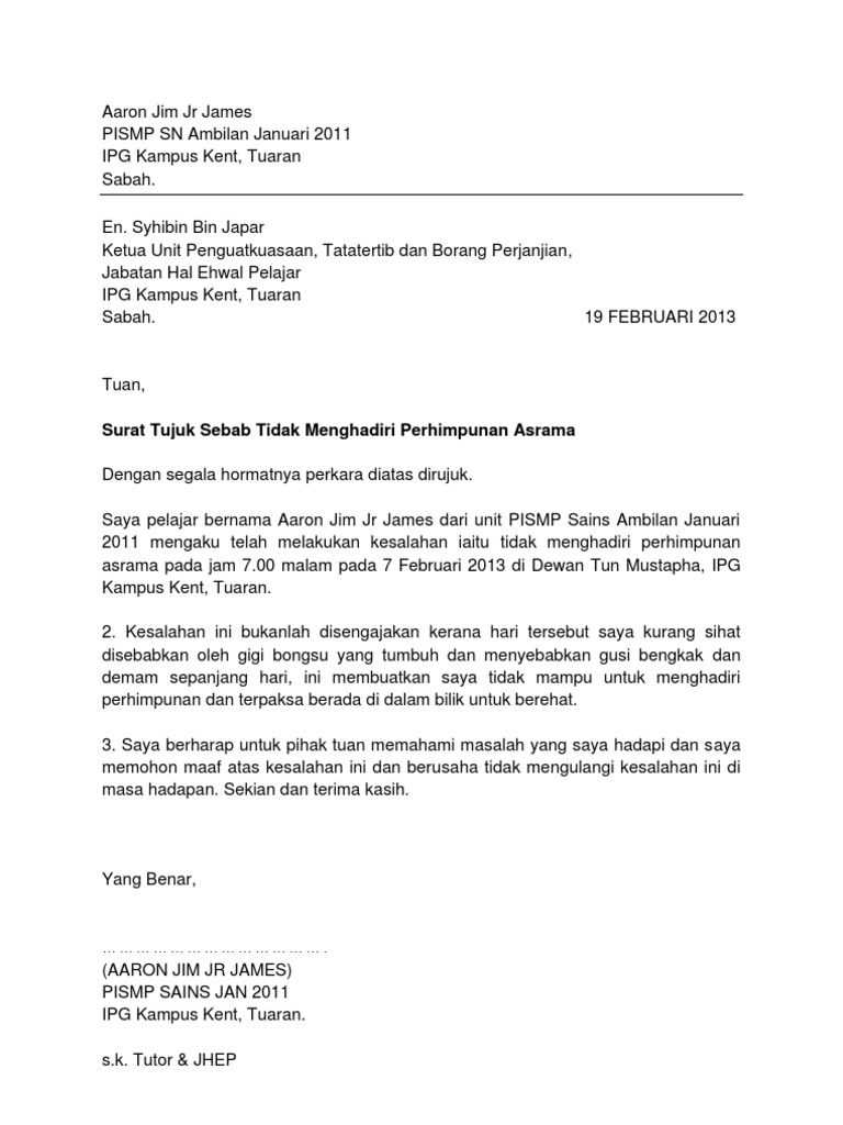 Surat Tunjuk Sebab Tidak Hadir Perhimpunan Asrama Pdf