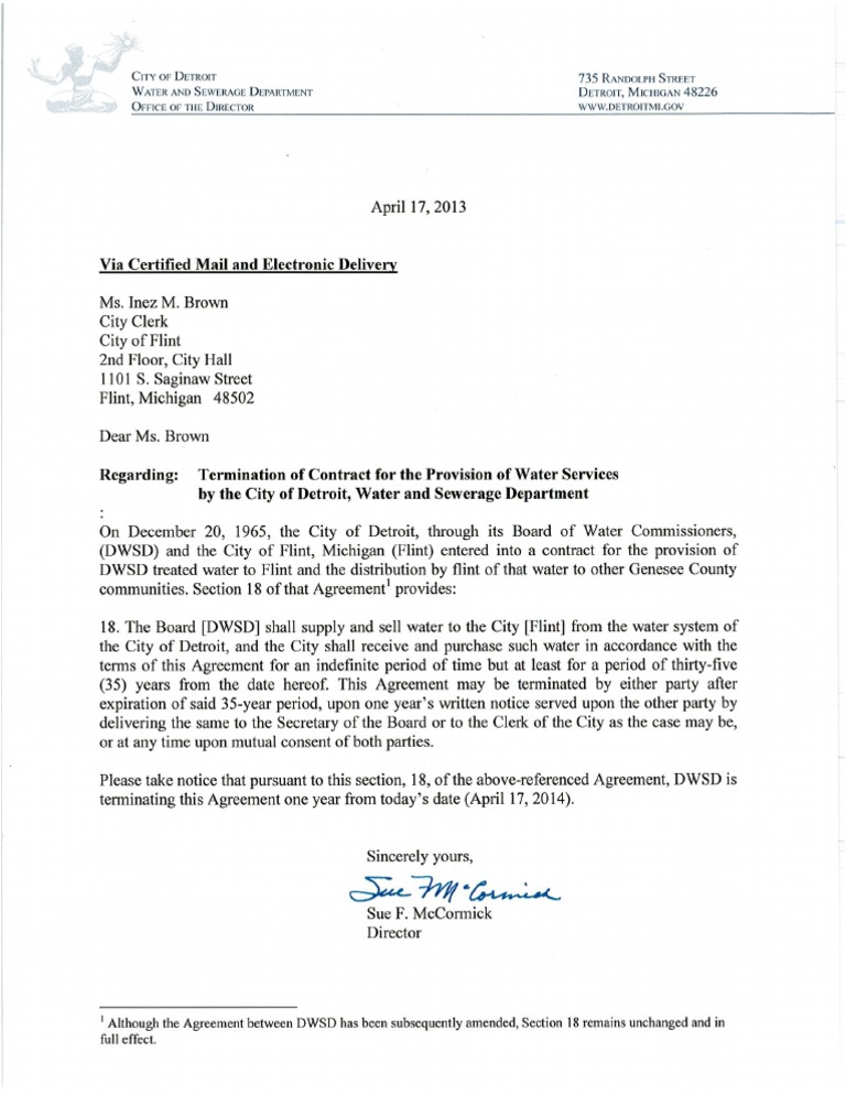 20130417.DWSD Letter of Termination to City of Flint Re Water Supply